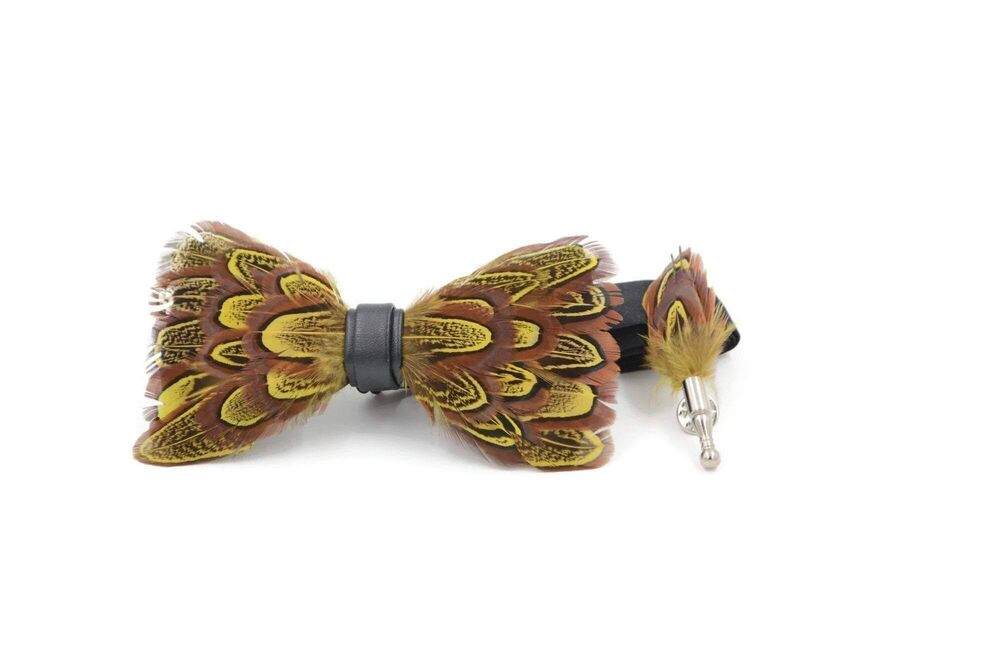 1859 Handmade Guinea Fowl Feather Bow Tie & Lapel Pin Set for Weddings
